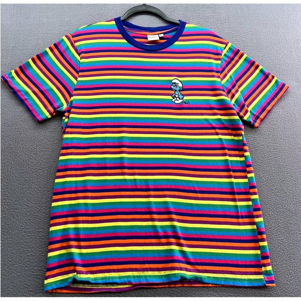 The Smurfs T-Shirt Mens L Rainbow Striped Grouchy Smurf Embroidered Multi